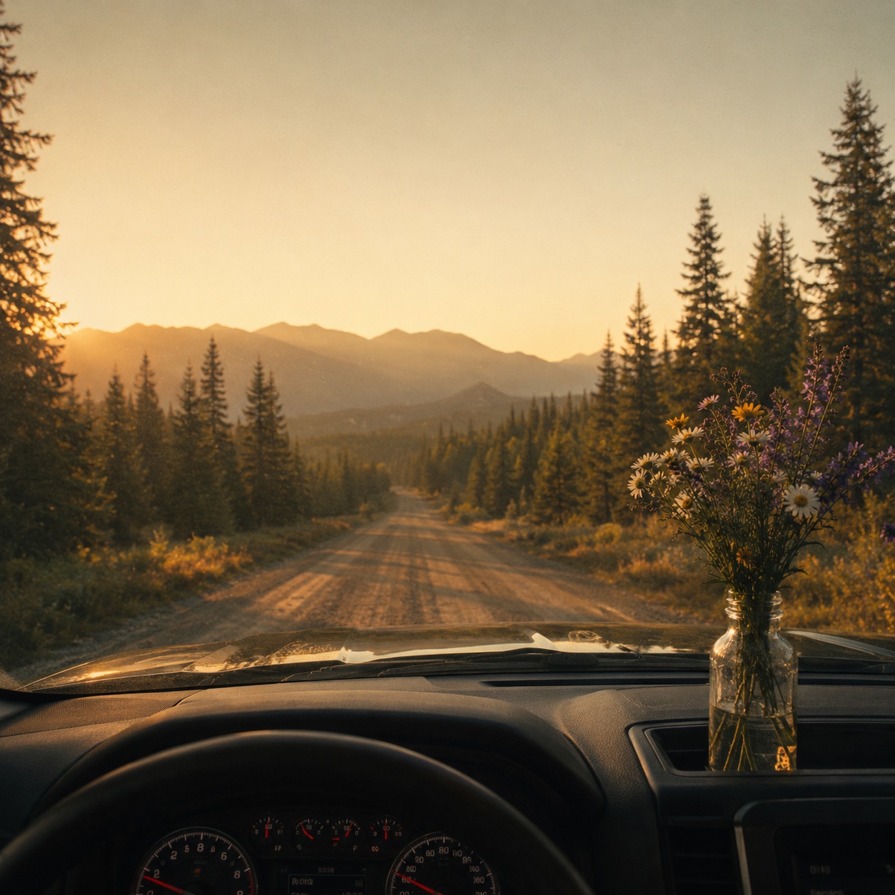 View through Kayle's truck windshield on a North Idaho back road